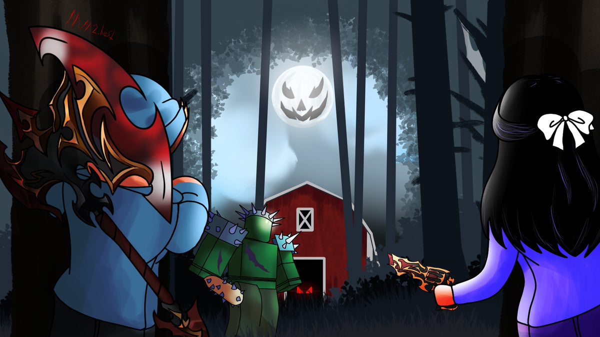 Murder Mystery 2 Halloween forest artwork Murder Mystery 2 Halloween-inspired forest scene with Roblox avatars and weapons
